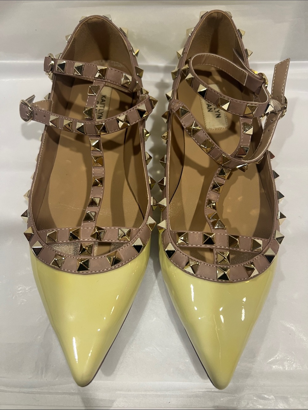 Kaitlyn Pan Pointed-Toe Studded Mary Jane Flats in Yellow and Nude